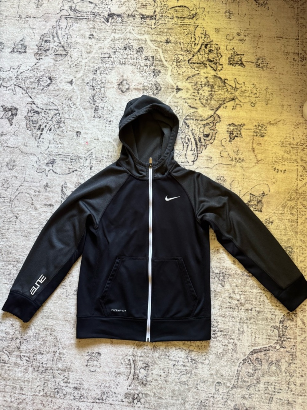 Youth Large Nike Elite Black Hoodie with White Zipper and White Swoosh